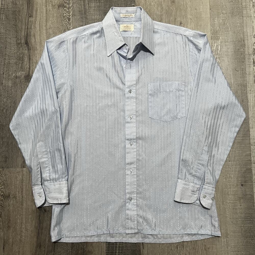 VTG Jacques Corbeu National Shirt Blue Metallic Stripe Button Front Poly Cotton